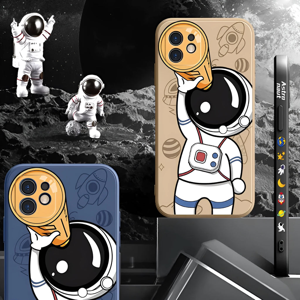 Cartoon astronaut painted silicone phone case for iPhone in classic black telescope astronaut style