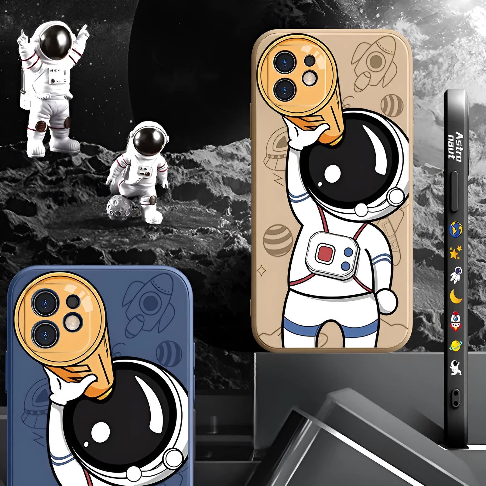 Cartoon astronaut painted silicone phone case for iPhone in classic black telescope astronaut style