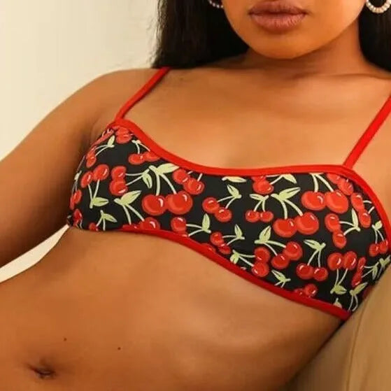 Cherry print tube top bikini swimsuit for women in polyester with floral pattern, front view