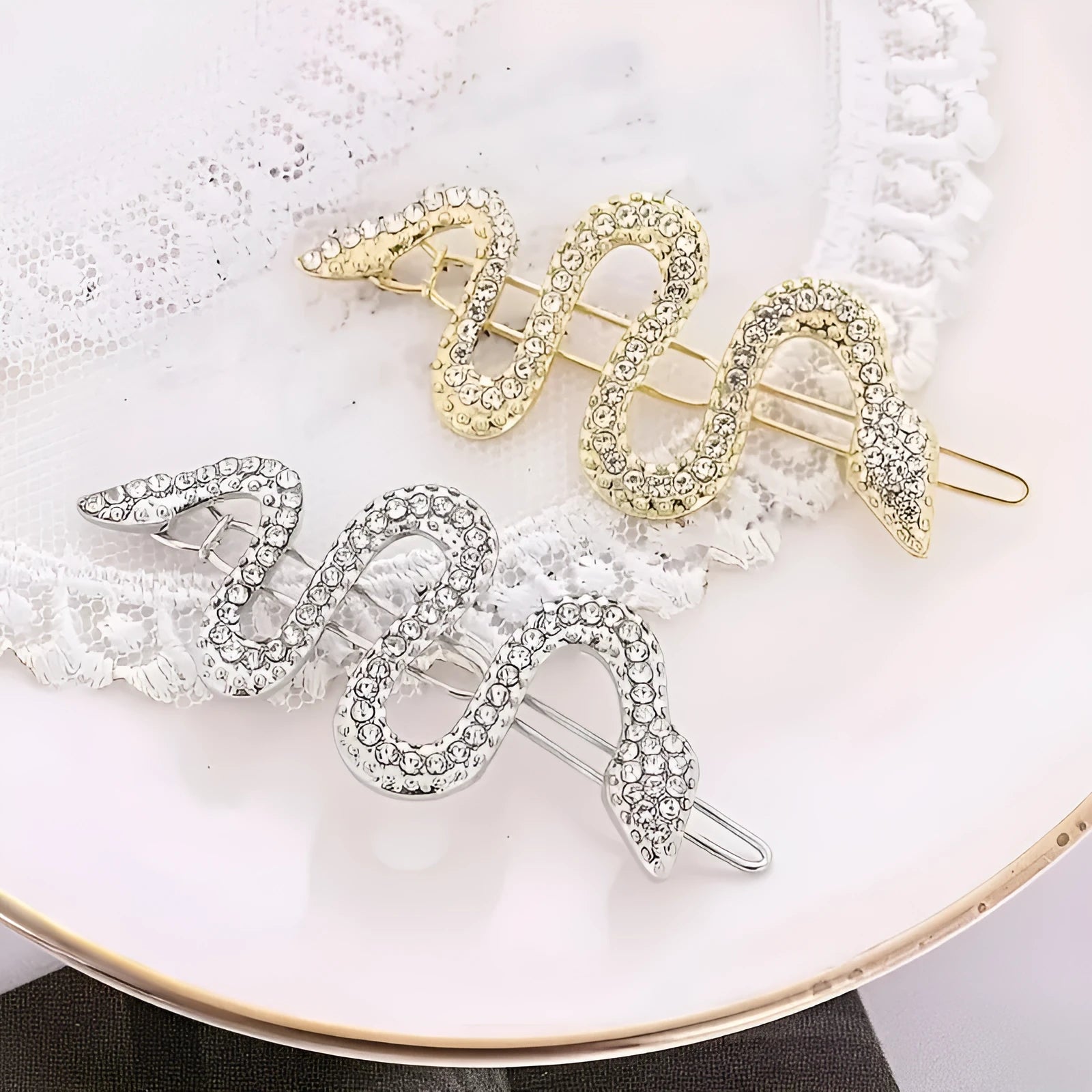Vintage Korean snake-shaped hair clip with full rhinestone coverage in gold or silver electroplated alloy