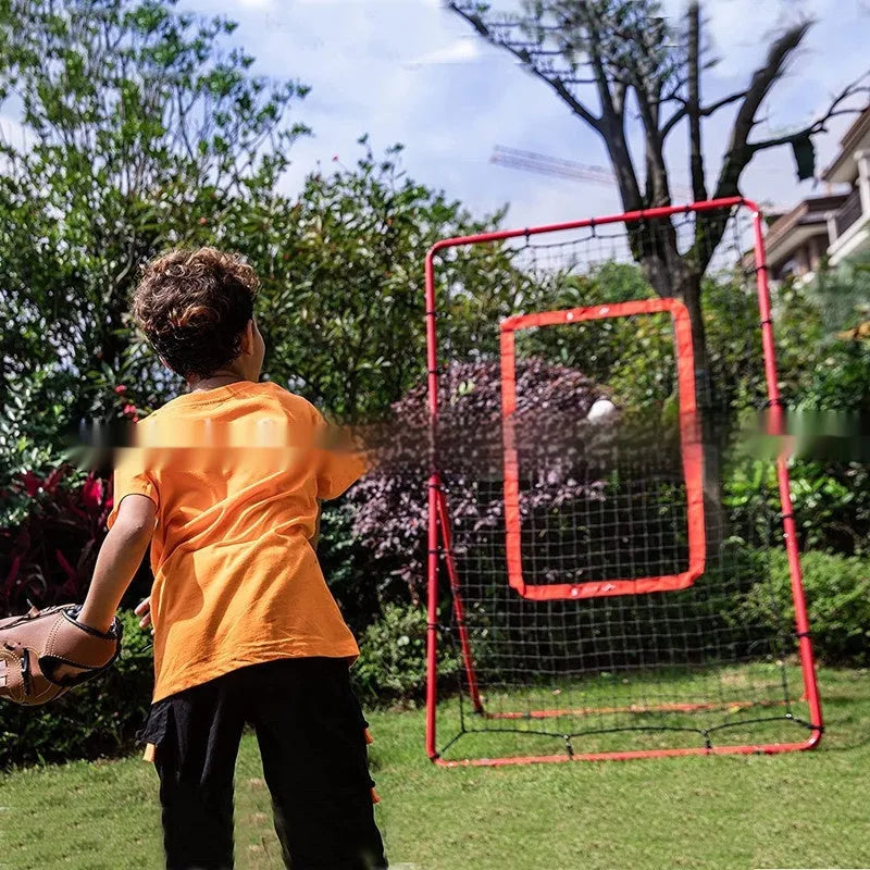 Red metal frame baseball training net set up for practice, measuring 4x6ft with poles