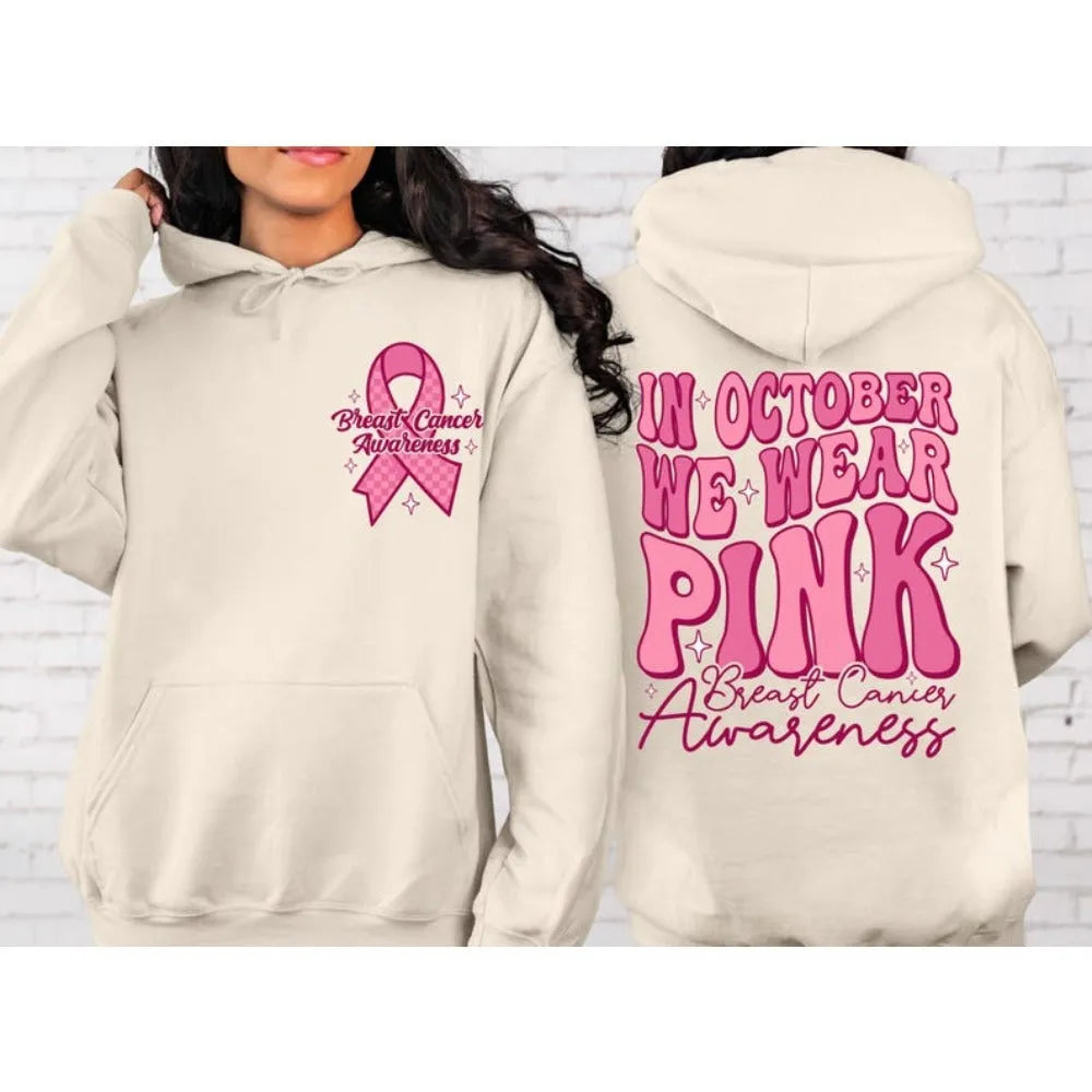 Pink Breast Cancer Awareness women's hooded sweatshirt with retro print and side seam pockets.