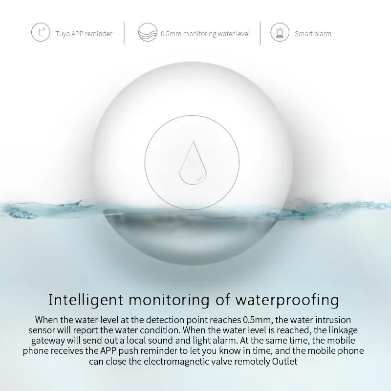 Zigbee wireless water flood sensor with compact PC housing on white background