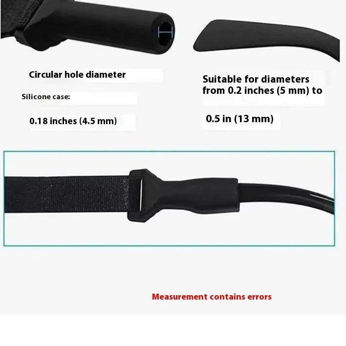 Black adjustable glasses cord with silicone end pieces shown on a pair of spectacles.