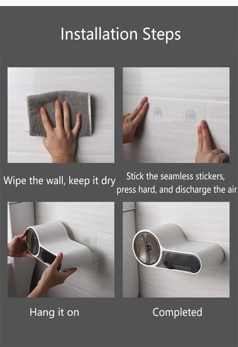 White plastic streamline curved toilet roll holder with no-punching installation on bathroom wall