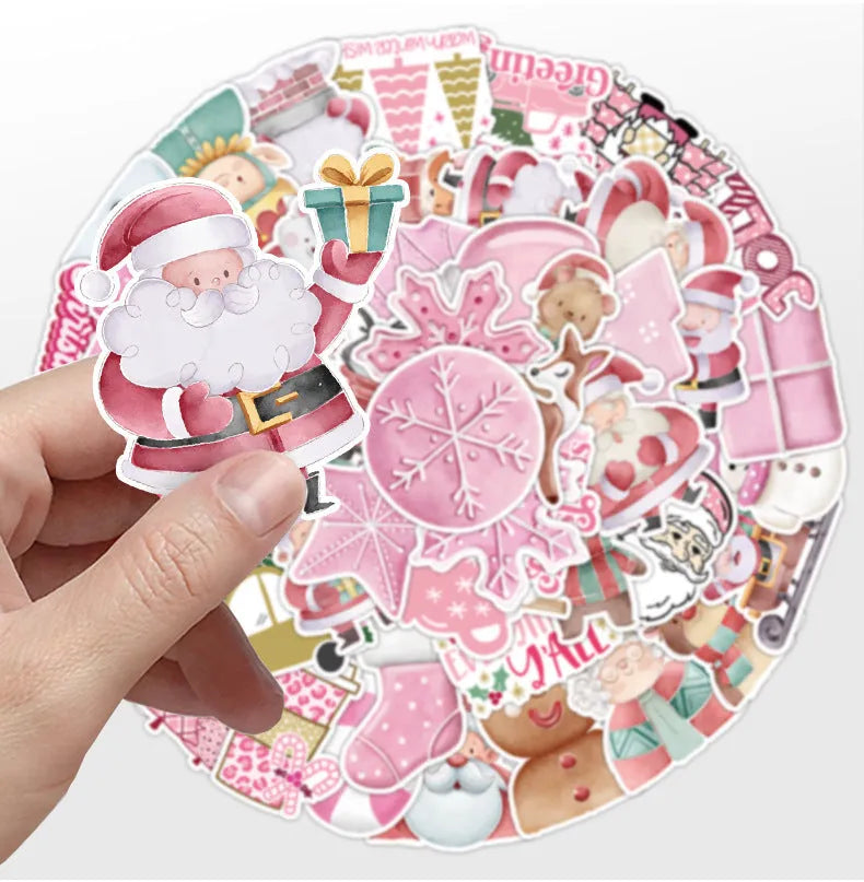 50 Christmas waterproof stickers pack showing cute designs for car phone computer decoration