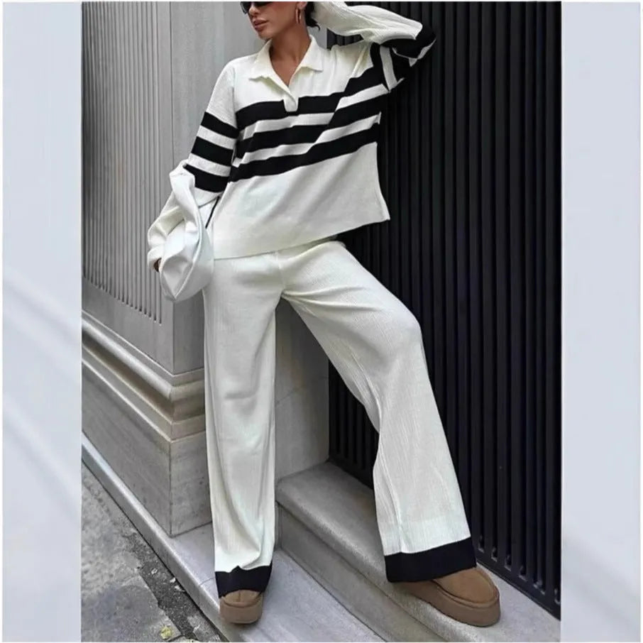 Women's black and white striped knitted polo collar shirt with matching trousers two-piece set