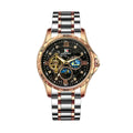 Men's automatic mechanical watch with rose gold shell and black dial showing 42mm diameter