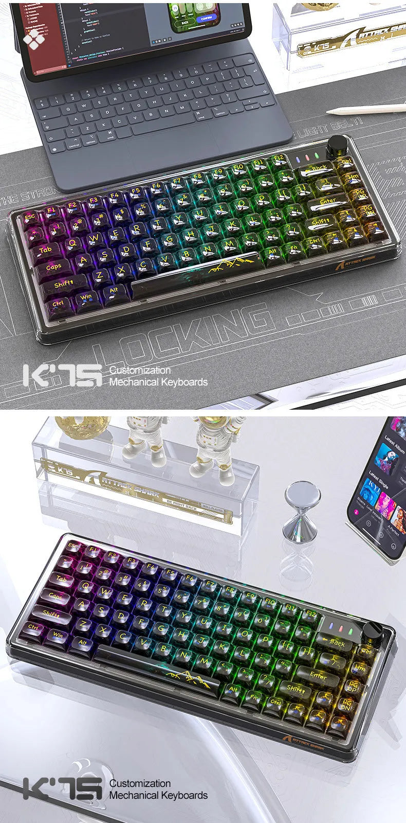 Attack Shark K75 RGB wireless mechanical keyboard with transparent case on a desk