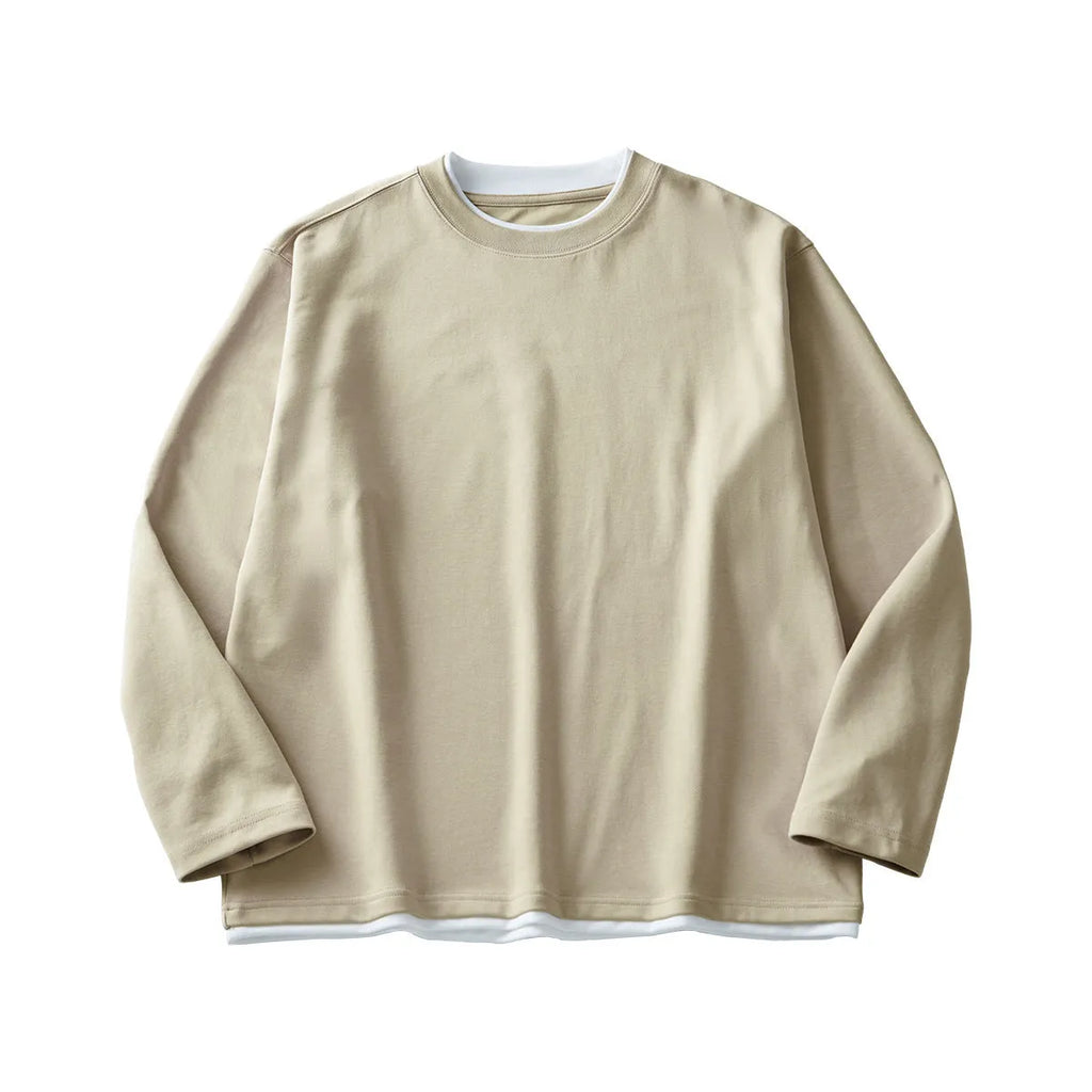 Men's long-sleeved loose cotton blend round neck t-shirt in solid colour with contrast top
