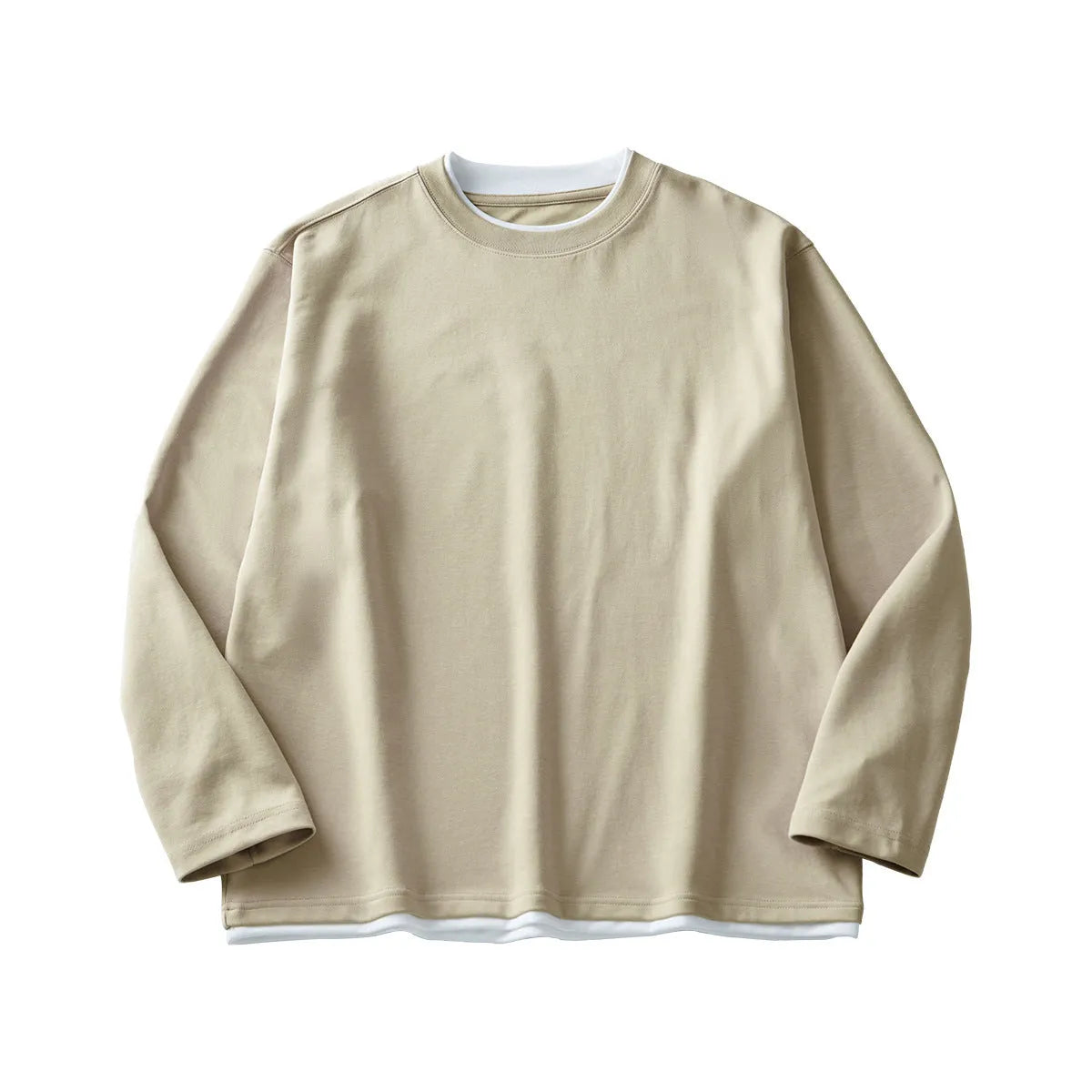 Men's long-sleeved loose cotton blend round neck t-shirt in solid colour with contrast top