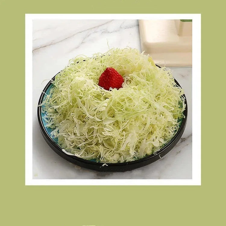 Beige household vegetable slicer chopper with stainless steel blades for shredding potatoes.