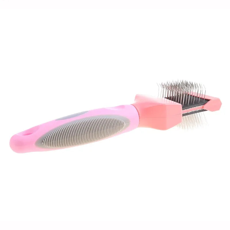 Blue double-sided pet brush with stainless steel pins and soft pins on a non-slip ergonomic handle.