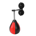 Pear-shaped inflatable hanging boxing training ball with elastic cord and suction cup mount.