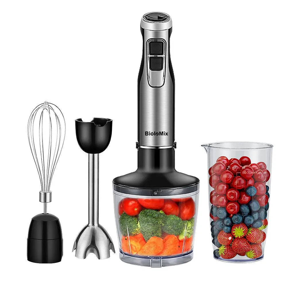 Biolomix stainless steel 4-in-1 hand blender with whisk, chopper bowl, and blending beaker on a black background