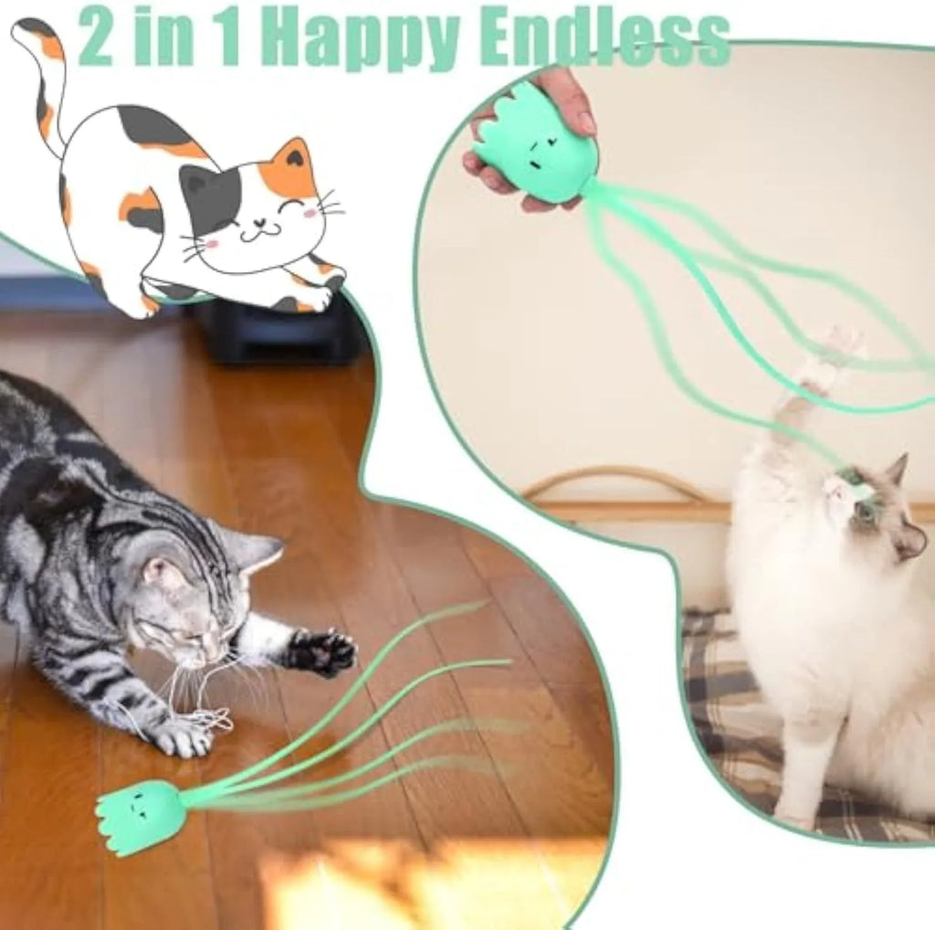 Green automatic cat wand toy with swinging silicone tails for indoor cats on wooden floor