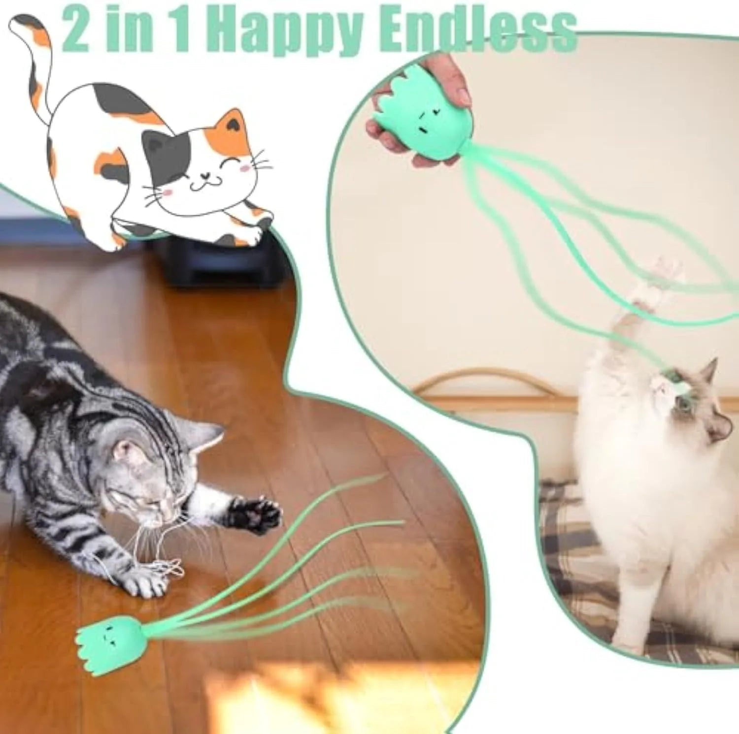 Green automatic cat wand toy with swinging silicone tails for indoor cats on wooden floor
