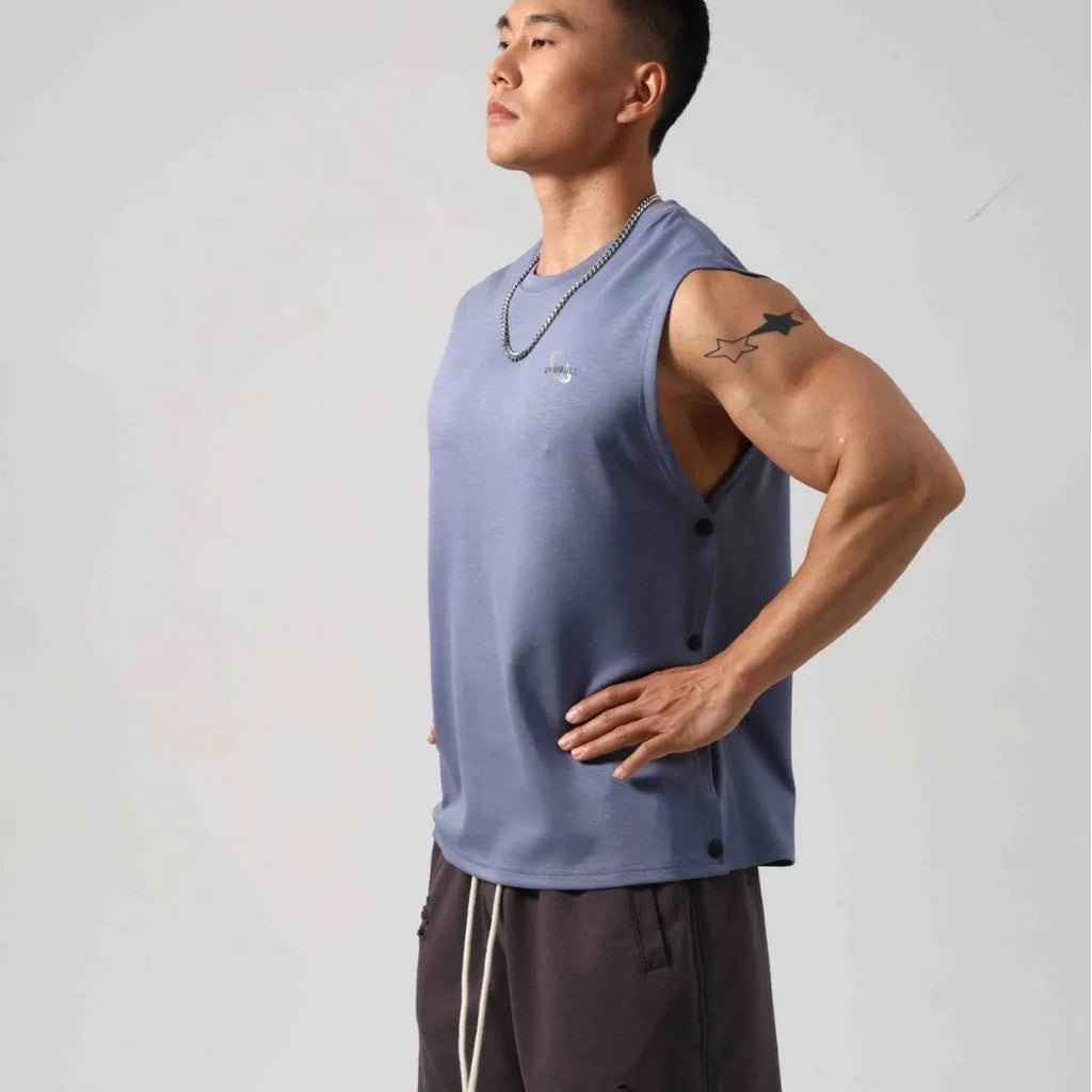 Korean style men's fitness vest with hidden hook side openings in cotton fabric