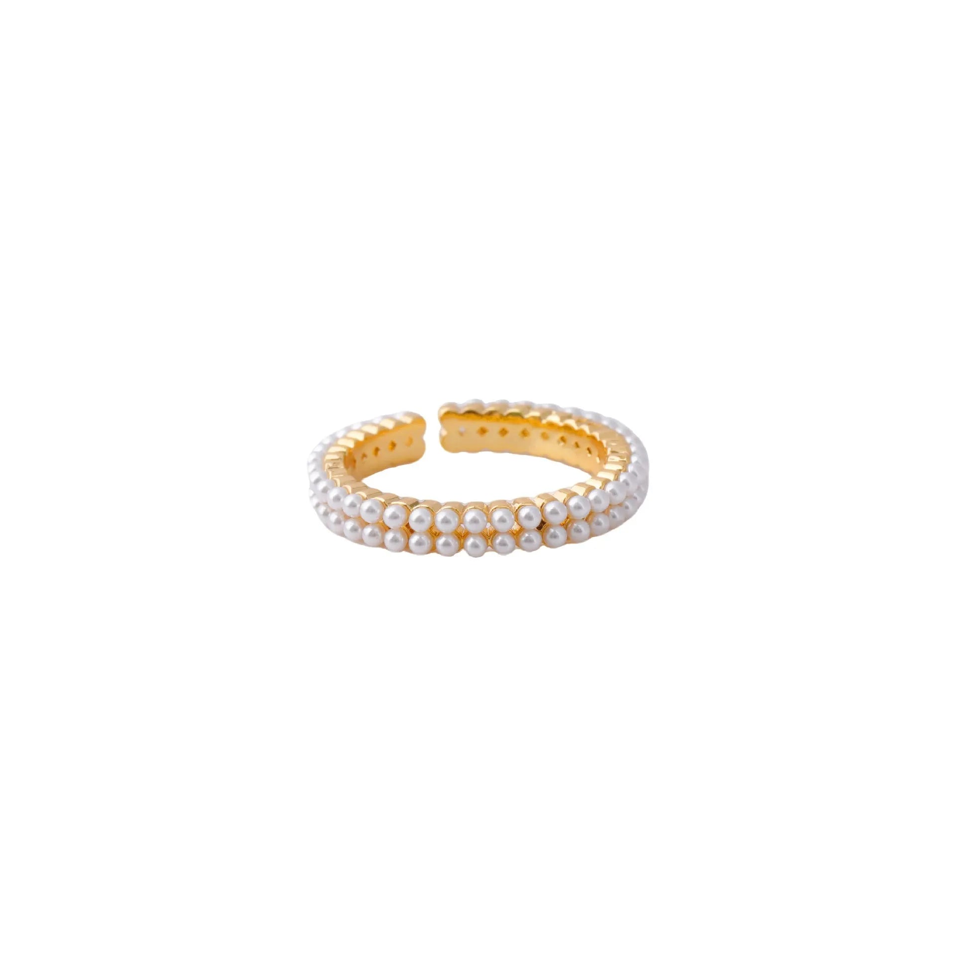 Gold geometric open mouth ring with pearl detail on female hand