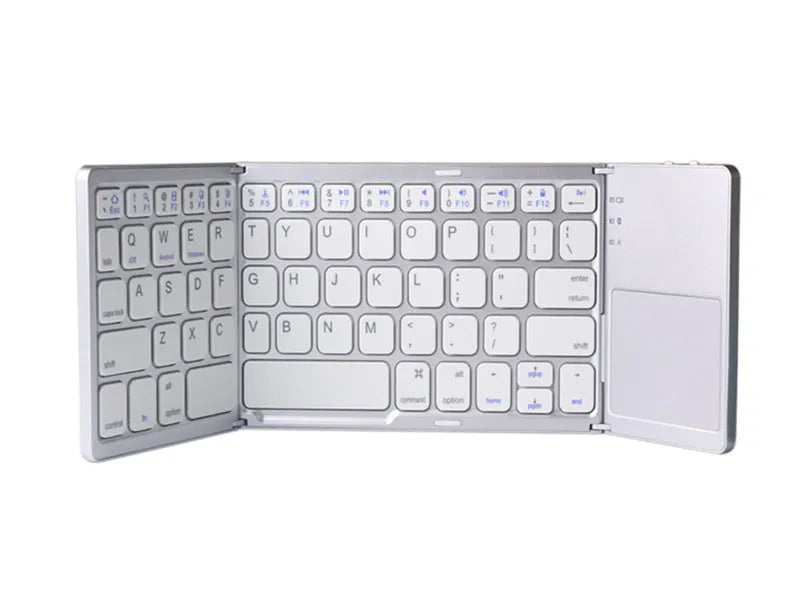 Ultra-thin tri-fold folding Bluetooth keyboard with touchpad, shown in black, folded and unfolded.