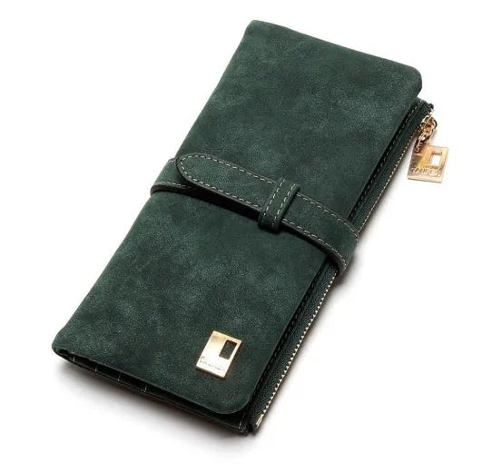 Women's retro matte PU leather long wallet with zip closure showing internal card slots and compartments