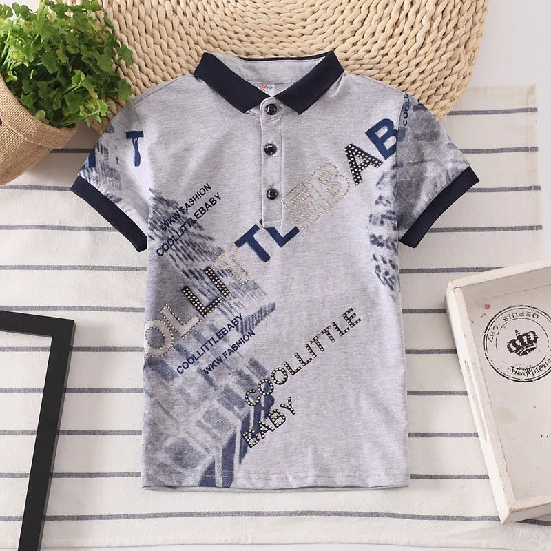 Boys short sleeve cotton t-shirt with lapel collar in solid colours red, grey, navy, or white.