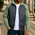 Men's casual stand collar contrast colour jacket in loose fit, polyester blend, green colour, front view