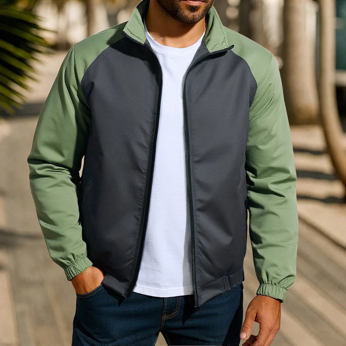 Men's casual stand collar contrast colour jacket in loose fit, polyester blend, green colour, front view