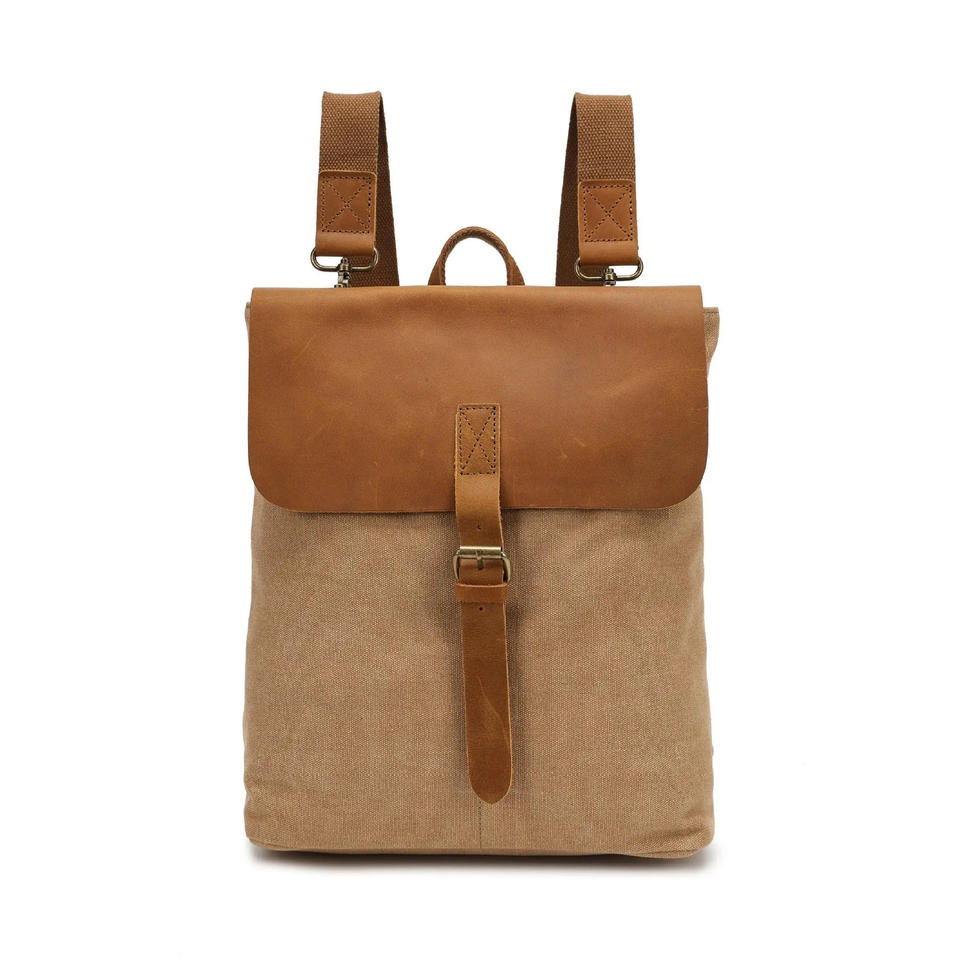 Canvas waterproof backpack with splicing design in khaki colour, 29x13x35cm