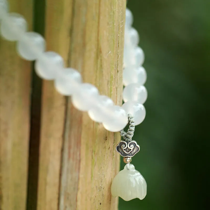 S925 silver bracelet with white agate and Hetian jade, lotus design, geometric national style for women