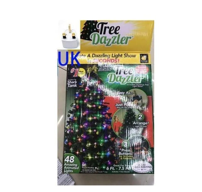 64 LED Dazzler shower tree lights on a Christmas tree, 1.8 metre length, with colourful illumination