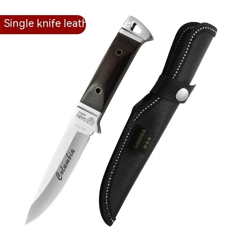 Camping portable fruit knife with stainless steel blade and leather sheath case