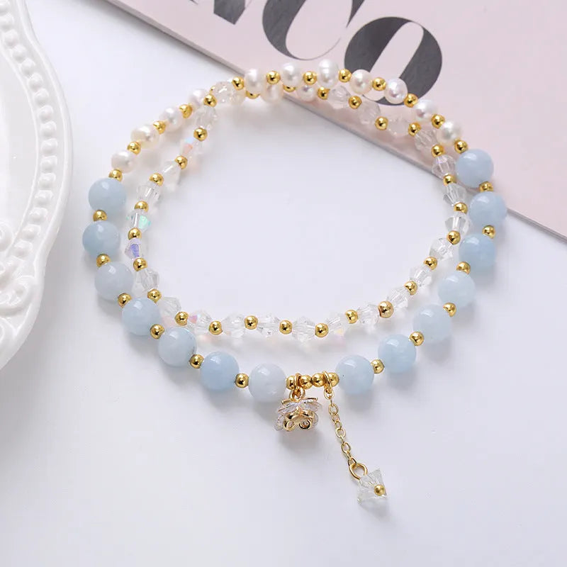 Natural freshwater pearl double ring bracelet with crystal beads in amethyst colour option