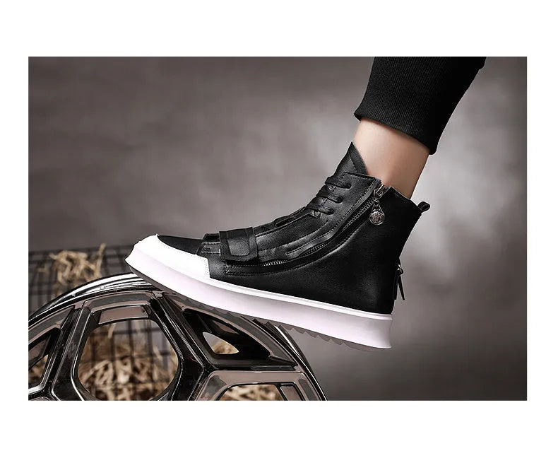 Man wearing black PU leather ankle boots in a high-top sneakers style for winter.