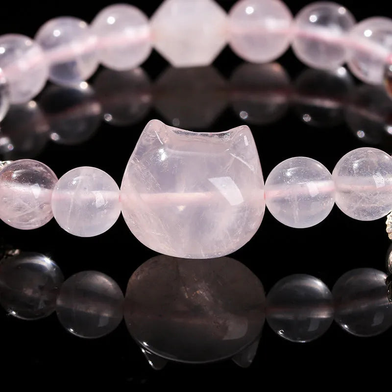 Natural starlight pink crystal cat head bracelet with copper setting, round gemstone bead, handmade women's bracelet
