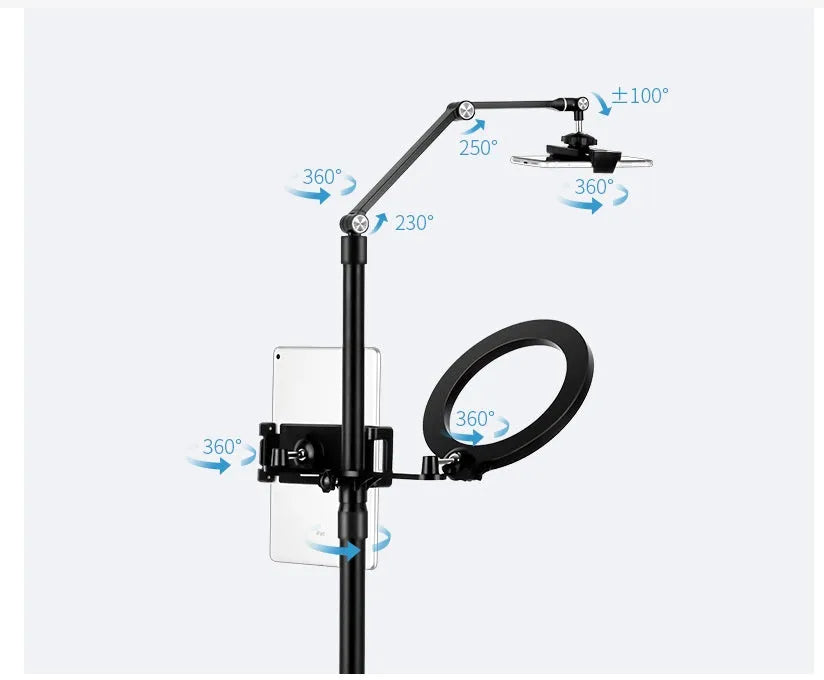 Black aluminium alloy floor stand holding a mobile phone with built-in fill light switched on