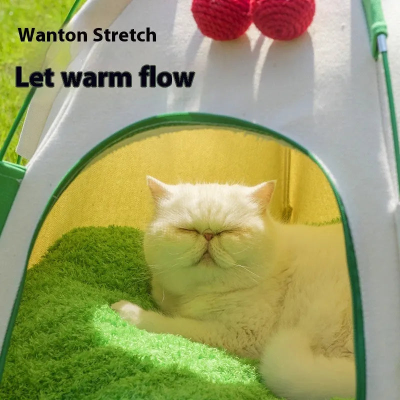 Dome-shaped cloth cat nest tent for indoor use with optional thick pad, suitable for cats and small dogs.