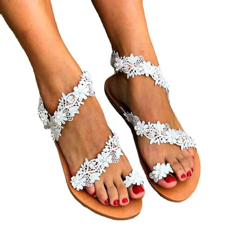 White women's plus size flat shoes with rhinestone floral decoration and round toe