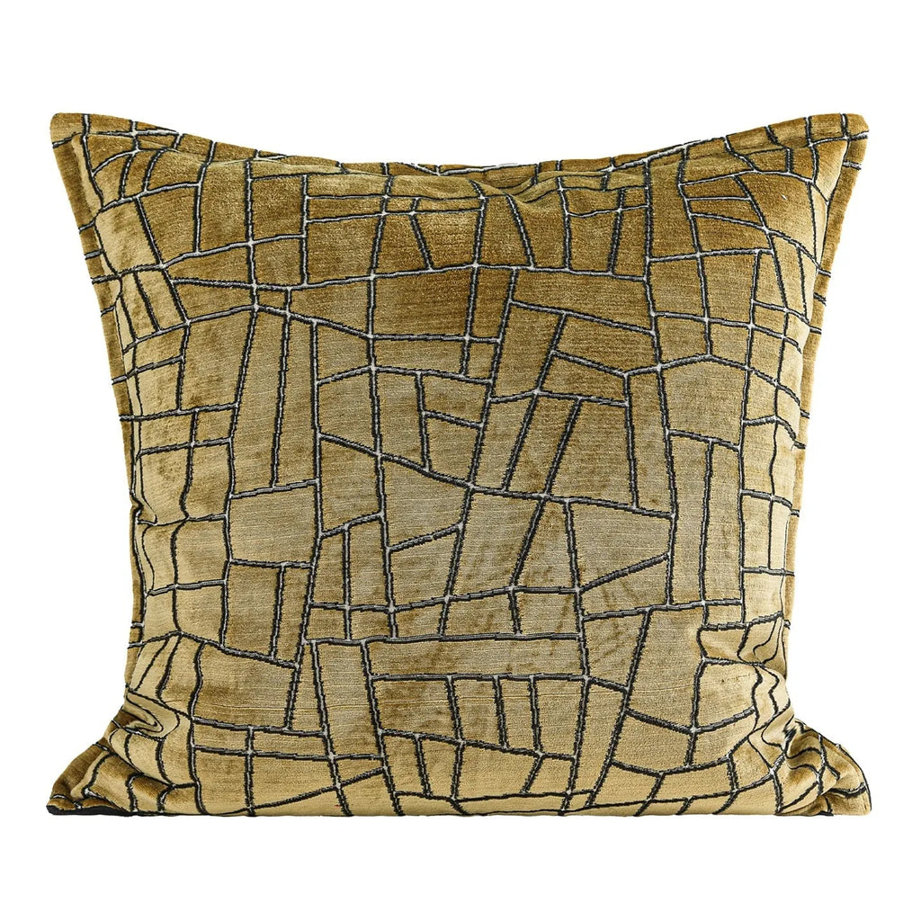 Geometric abstract pattern decorative cushion cover in gold polyester velvet fabric.