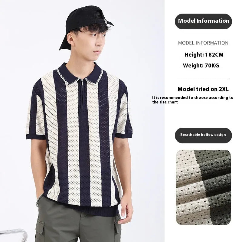 Men's striped ice silk short sleeve sweater with zip decoration detail in multiple colour options.