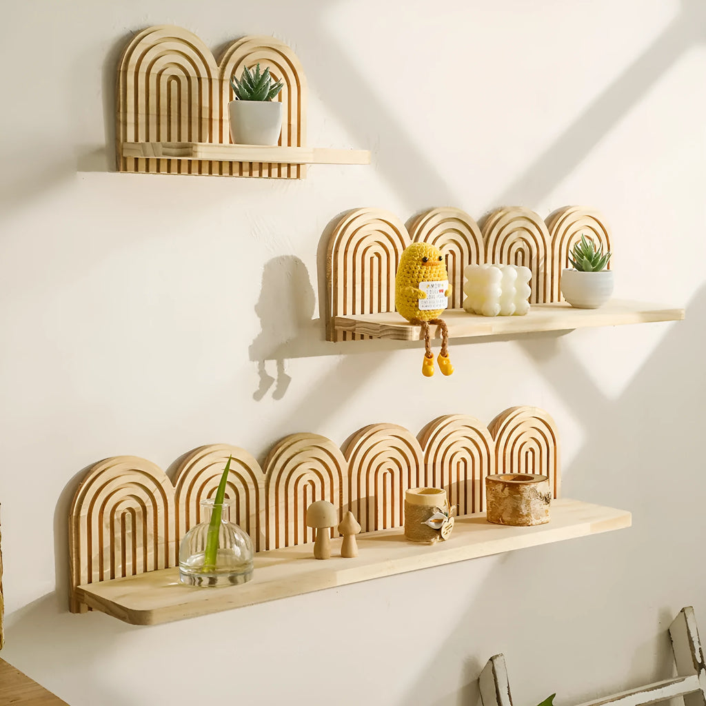Multi-layer solid wood wall flower pot storage rack hanging on a white wall with indoor plants