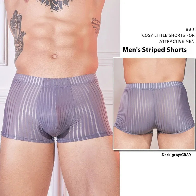 Men's striped underwear in transparent nylon fabric, shown in black, dark grey, and white colours