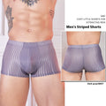 Men's striped underwear in transparent nylon fabric, shown in black, dark grey, and white colours