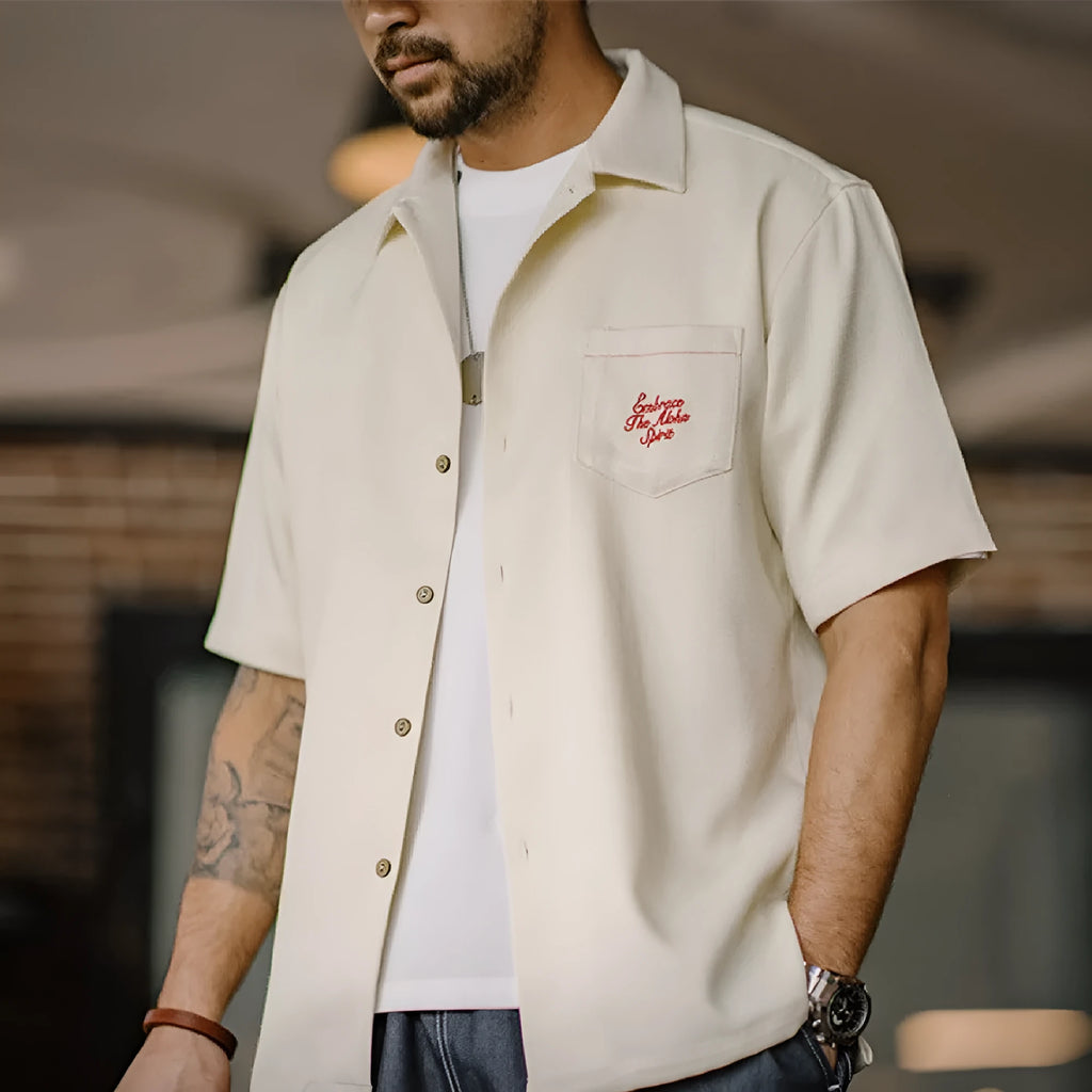Men's light apricot bamboo pattern Cuban collar short sleeve shirt