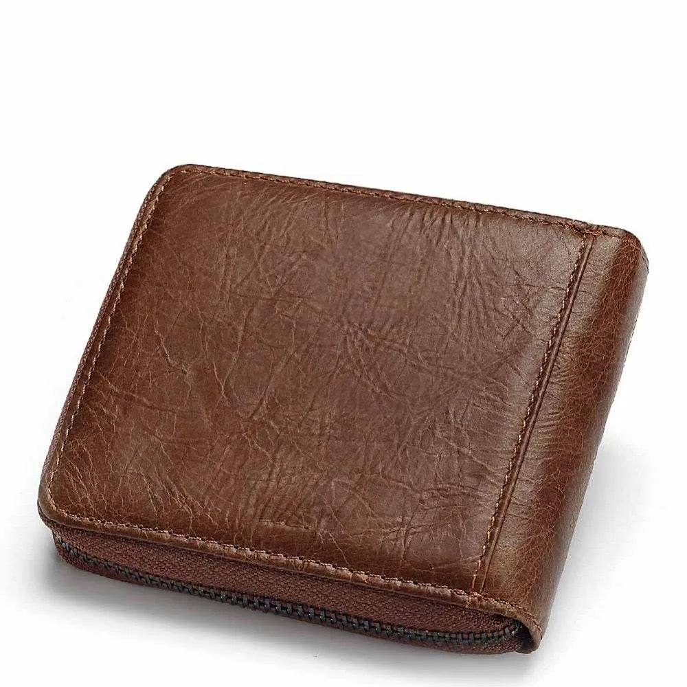 Men's genuine coffee leather zip wallet with vintage locomotive motif, open showing card slots and coin pocket