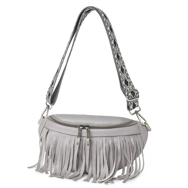 PU leather retro tassel messenger bag with crossbody strap in macaron gray