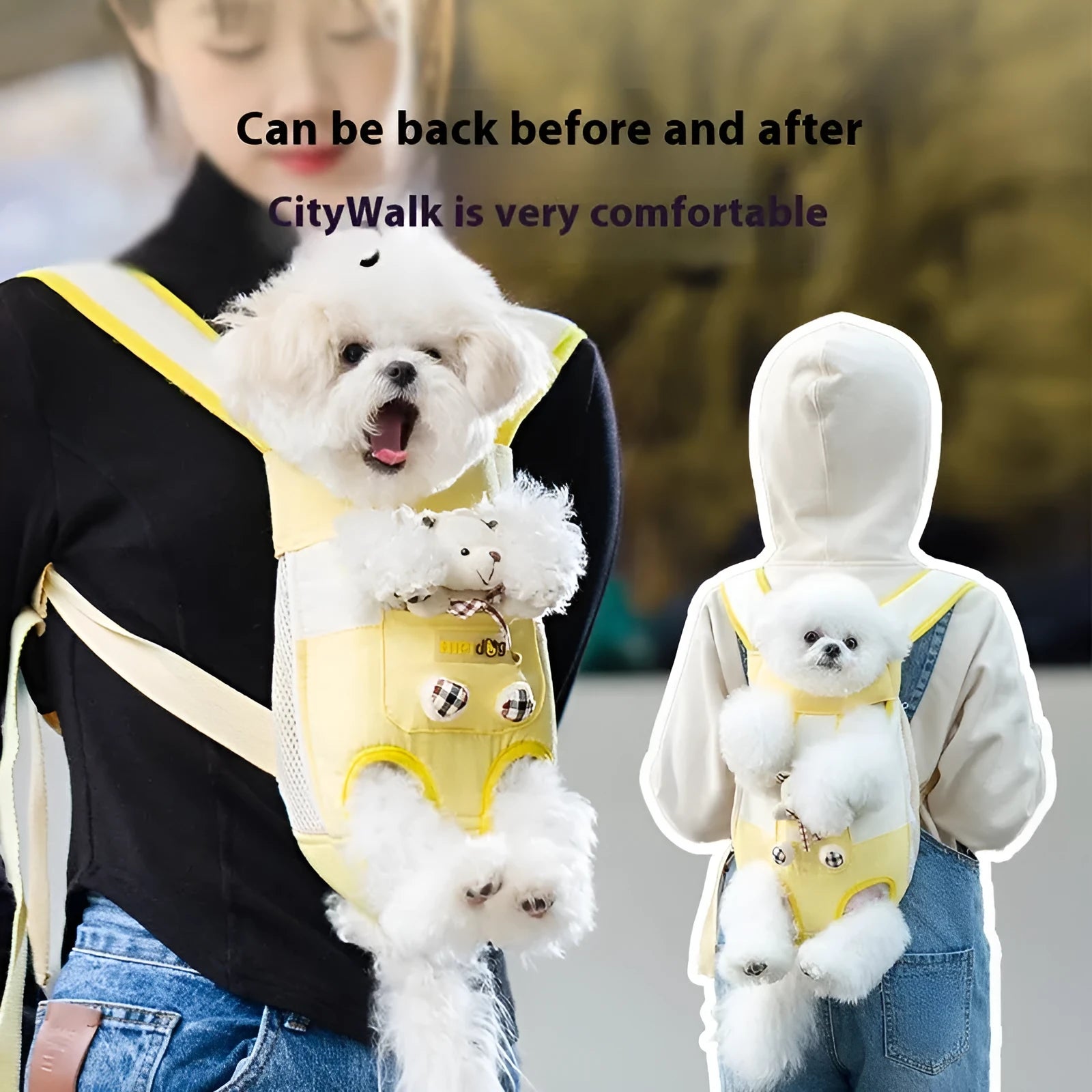 Cartoon Beka yellow bear design soft canvas pet carrier chest bag with ribbon handles.