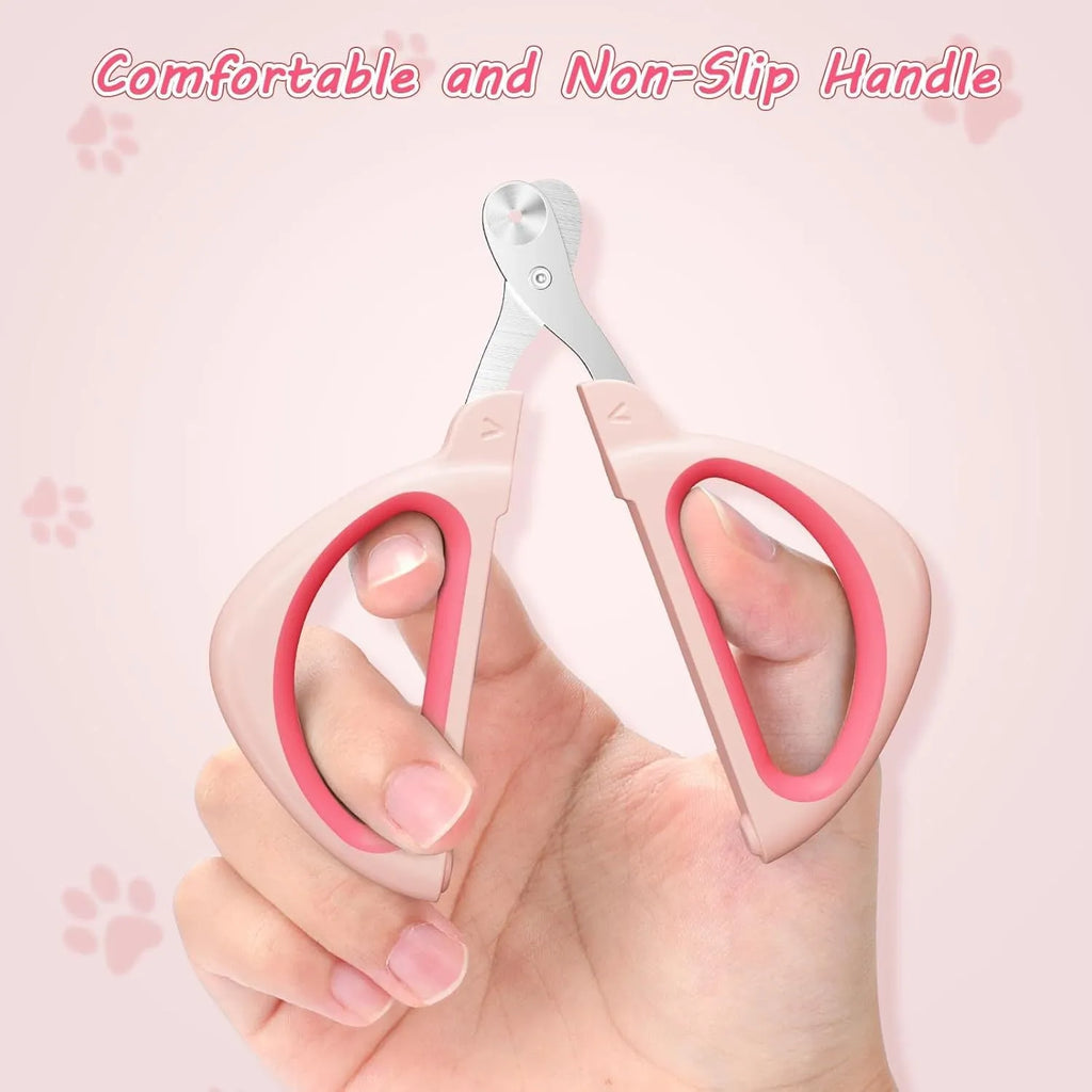 Stainless steel cat nail clipper with positioning hole and non-slip handle in blue or pink for safe pet grooming