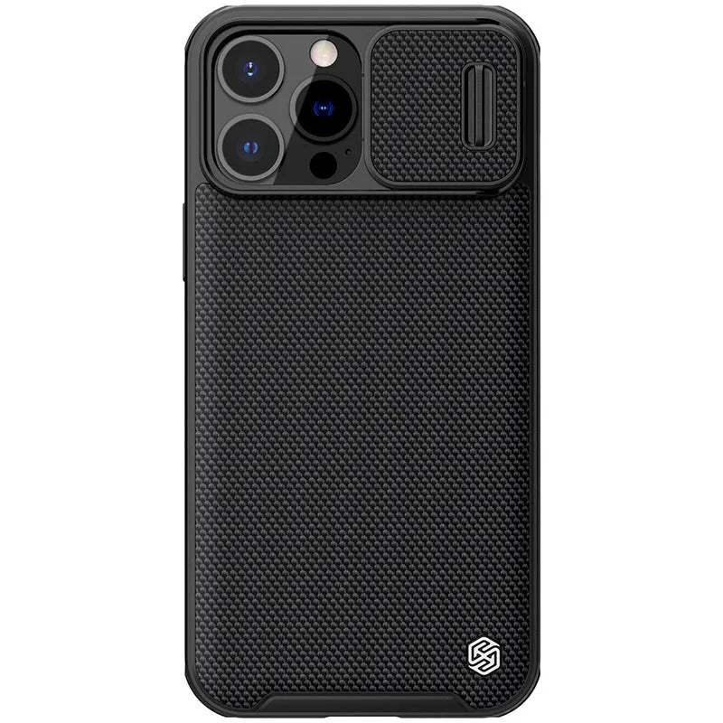 Black textured PC TPU sliding phone case for iPhone 13 Pro Max, 13 Pro, and 13 – back cover view