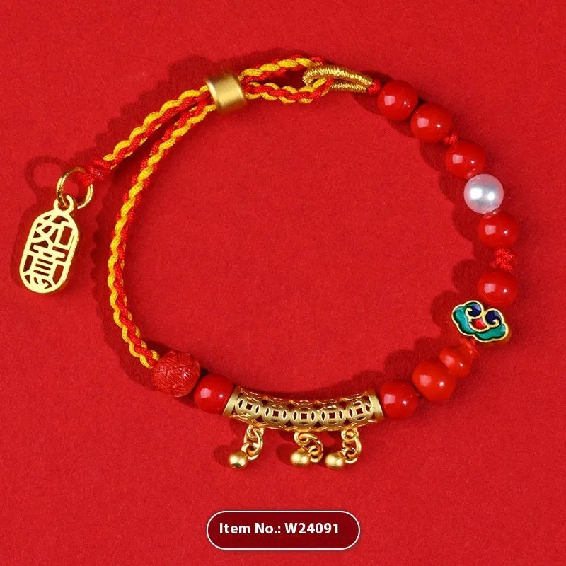 Hand-woven cinnabar red rope bell-bracelet with round geometry national style design